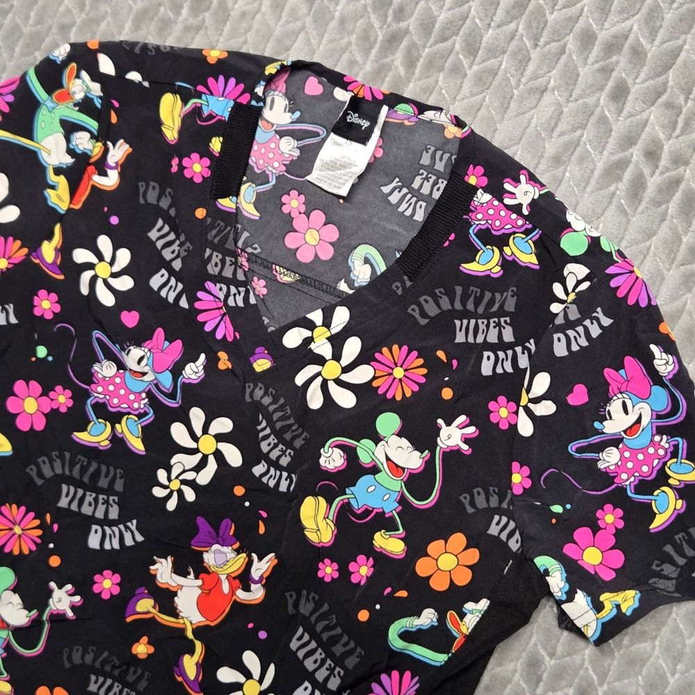 Disney Mickey & Friends Positive Vibes Only V-Neck Scrub Top Black XS Tooniforms